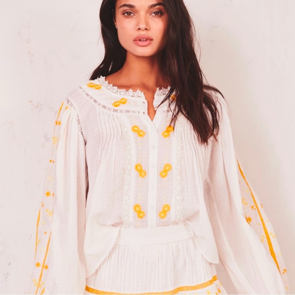NWOT LoveShackFancy Long Sleeve Embroidered Top In Antique White, Size XS